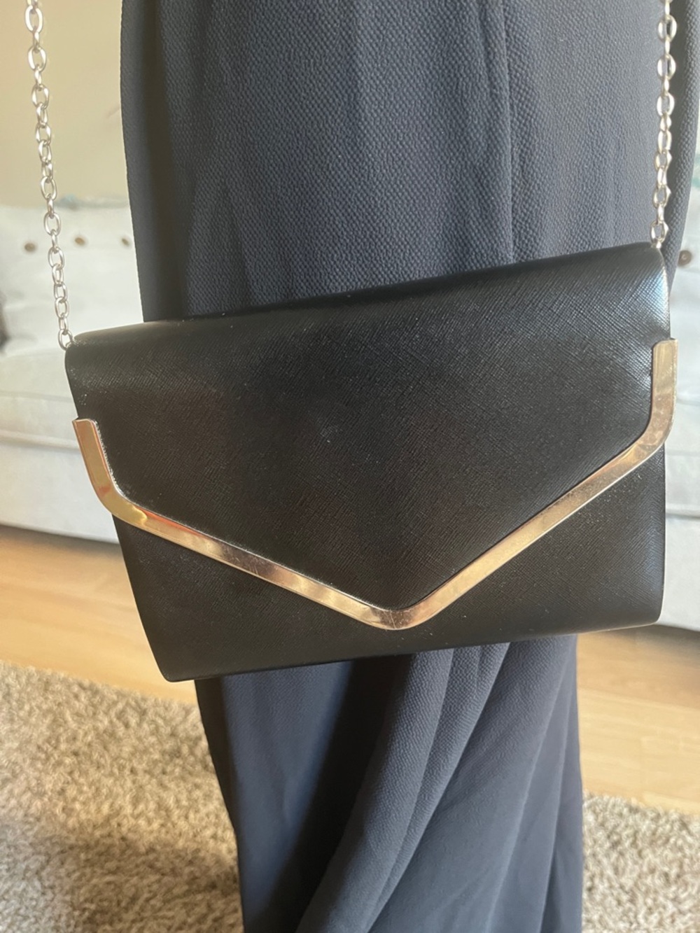 Classic Black Envelope Crossbody Clutch with Gold Trim